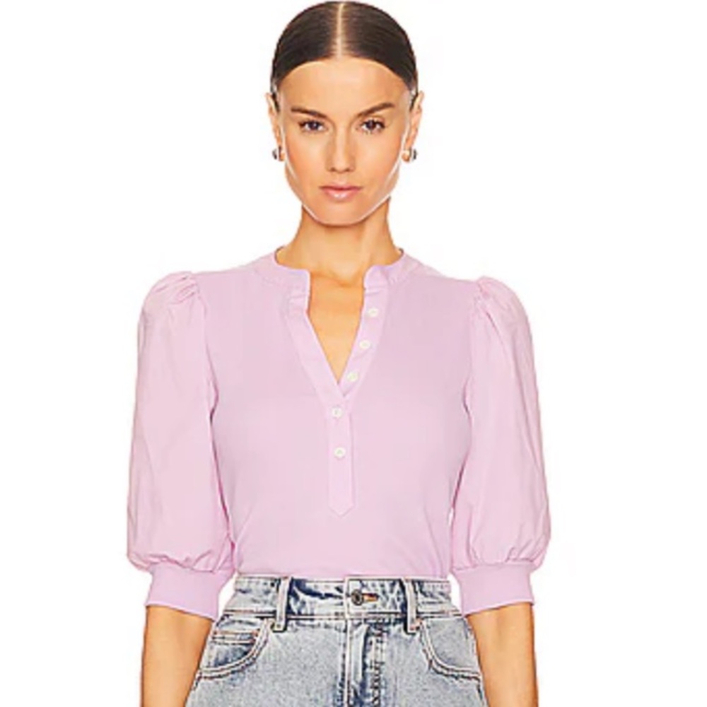 Veronica Beard Coralee Puff Sleeve Button-Front Top - Medium - Barely Orchid